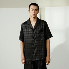 GXG 春夏缎面格纹男士家居服套装翻领冰丝感睡衣睡裤男