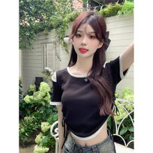 FOURDATRY 少女短款上衣针织衫短袖T恤夏季新款设计感小众抽绳收腰露肩女装