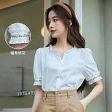 INMAN 茵曼 田园木耳边短袖衬衫女2024夏季文艺绣花时尚纯棉舒适衬衣