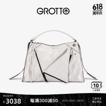 GROTTO 个乐 新款翻领包牛皮简约通勤手提单肩斜挎软包礼物 皓月白 L