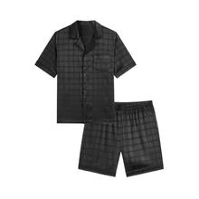 GXG 2024年春夏缎面格纹男士家居服套装翻领冰丝感睡衣睡裤男