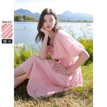 3COLOUR 三彩 2024年夏季款】浪漫连衣裙A字裙灯笼袖仙女裙V领蛋糕裙