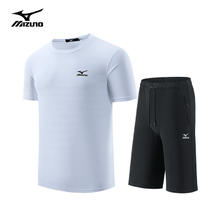 Mizuno 美津浓 户外套装夏季男休闲透气圆领短袖T恤系带纯色短裤组合装 白色上衣+黑色裤子 L