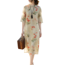 子牧棉麻2023夏装 女复古旗袍斜襟立领花边百搭七分袖印花连衣裙2633 花色 M(建议95-115斤)