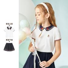 暇步士 步士 童装女童夏季套裙舒适短袖短裙套装户外运动小淑女休闲装学院风