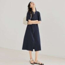 DUIBAI 对白 夏装设计感V领撞色明线连衣裙 DDQ069S