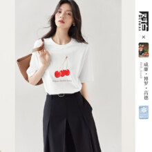 对白 凯伊莱文联名 夏装撞色樱桃印花女式短袖T恤