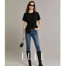 ELLE 都市休闲腰间打褶设计不规则下摆圆领短袖t恤
