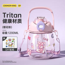 炊大皇 大肚杯tritan材质大容量水杯双饮吸管塑料杯男女士学生运动水壶 樱花粉 1.2L