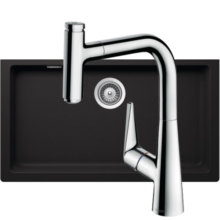 汉斯格雅（Hansgrohe） 厨房龙头水槽石槽龙头套组大单槽水槽 至尊黑石槽+达丽丝进口抽拉龙头