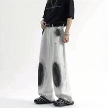 kuegou 酷衣购 欧美高街复古晕染牛仔裤男女宽松直筒情侣设计感潮牌脏脏休闲裤子
