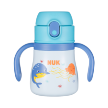 NUK 316不锈钢儿童保温杯小学生水杯幼儿园吸管杯倒置不漏水杯 蓝色鲸鱼(带把手) 280ml