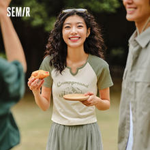 Semir 森马 短袖T恤女修身短款设计感印花2024夏季新款紧身女装小众衣服
