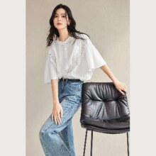 DUIBAI 对白 喇叭袖女式圆领短袖衬衫 DDC097W