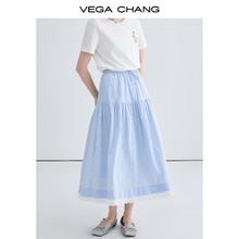 VEGA CHANG 半身裙女2024年夏季新款蓝白条纹蕾丝花边拼接蛋糕长裙