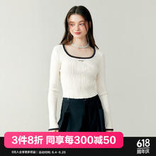 LEDIN 乐町 韩系少女风U领撞边针织衫24年春季新款修身露锁骨方领长袖T恤 米白（现货） M