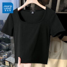 真维斯（JEANSWEST）短款短袖t恤女2024年新款夏季修身显瘦方领纯色洋气高腰紧身小衫 黑色 纯色 L