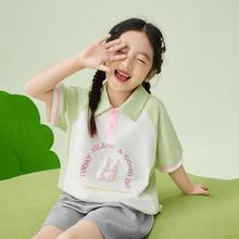 INMAN 茵曼 女童短袖T恤2024夏新款中大儿童时尚甜美撞色印花Polo衫