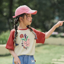 茵曼 女童T恤 夏季2024新款儿童撞色插肩袖纯棉舒适亲肤上衣薄
