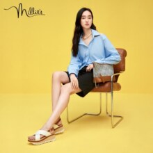 妙丽（Millies）millie's妙丽夏新款羊皮时尚交叉带厚底松糕增高女凉鞋LH525BL2 米白 37