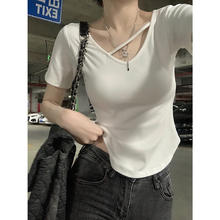 VVBROWN H V领白色短袖T恤女装夏季2024新款