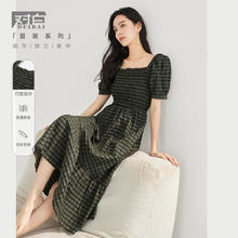 对白 法式方领格纹连衣裙女2023夏季新款收腰显瘦中长款a字茶歇裙