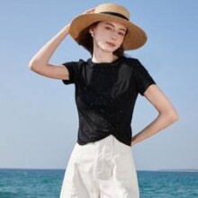3COLOUR 三彩 圆领短款烫银T恤衫直筒短袖系结设计感上衣女