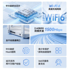 中兴（ZTE）巡天AX1500 全千兆网口WiFi6 家用无线路由器 5G双频高速网络 Mesh全屋 青少年保护智能路由器