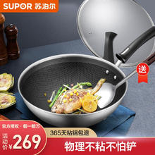 SUPOR 苏泊尔 炒锅 不粘锅不锈钢蜂窝平底炒菜锅少油烟烹饪锅具燃气电磁炉通用 316L不锈钢全屏抗粘 32cm