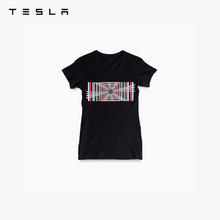 TESLA 特斯拉 黑色圆领短袖T恤上衣休闲方格图案女款Plaid Mode百搭 黑色 XS码