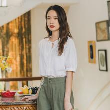 INMAN 茵曼 纯棉木耳边复古短袖白衬衫