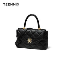 TEENMIX 天美意 女包2023新款牛皮菱格手提包轻奢百搭 黑色