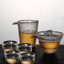 朗特乐 日式初雪耐热加厚玻璃锤目纹茶具品茗杯三才盖碗初雪公道杯功夫茶具分茶器茶漏茶海用具茶具套装组合 初雪套装（1盖碗+1公道杯+4茶杯）
