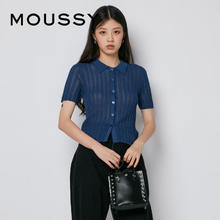 MOUSSY 摩西 新款微透翻领立体钩花短袖针织开衫010FA770-5210 110蓝色 00020/F