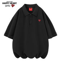 CHARLES JANG'S HAPPY HEART 查尔斯桃心 美式学院简约桃心LOGO纯色基础款POLO衫短袖休闲宽松情侣男女同款 黑色/红 L