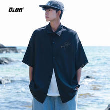 CLOR 休闲短袖衬衫男士夏季潮流印花上衣薄款宽松开衫外套CS01黑色L