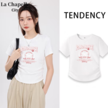 La Chapelle City 拉夏贝尔紧身褶皱短款T恤白-蝴蝶标本