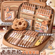 PLUS会员：慢作 卡皮巴拉大容量笔袋12层 美拉德咖+大贴纸