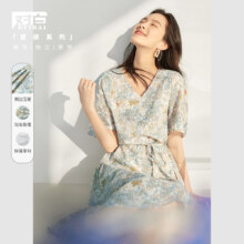 限时活动：DUIBAI 对白 复古清新油画碎花侧摆捏褶连衣裙