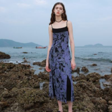3COLOUR 三彩 甜酷假两件吊带连衣裙水墨网纱裙时尚显瘦裙子