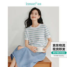 INMAN 茵曼 薄款镂空条纹针织t恤夏季女装简约正肩短袖透气上衣 蓝白条 M