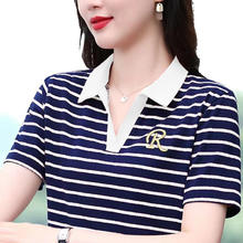 POLO衫条纹刺绣短袖T恤女夏季中年妈妈装宽松大码减龄女士打底衫