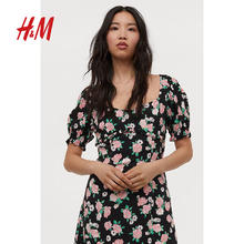 HM H&M女装连衣裙春季女透气桃心领短袖连衣短裙0942666 黑色/花卉 155/76