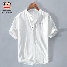 大嘴猴 棉麻短袖T恤男夏季薄款po休闲五分袖上衣服 210白色 XL