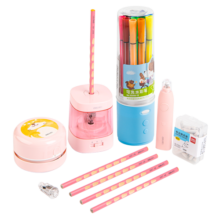 得力(deli) 学生电动文具套装6件(桌面吸尘器+电动卷笔刀+洞洞铅笔+电动橡皮擦+水彩笔) 文具大礼包粉色33303
