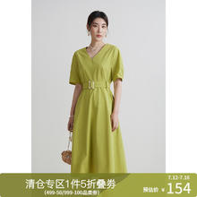 DUSHU 独束 大码女装气质简约V领连衣裙高腰显瘦长裙日常通勤2024夏季新 针叶绿 3