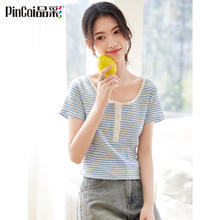 PinCai 品彩 甜美条纹短袖T恤女夏设计感小众纽扣圆领修身上衣 P131T1940