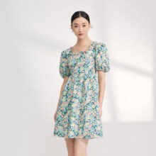 VERO MODA 油画碎花方领泡泡袖修身连衣裙