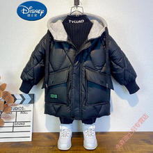 Disney 迪士尼 2023冬装新款男童羽绒棉服中大童洋气御寒加厚棉衣男宝中长款棉袄 黑色 170cm