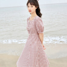 【新疆棉】格纹短袖连衣裙女2021夏新女款方领复古中长裙文艺